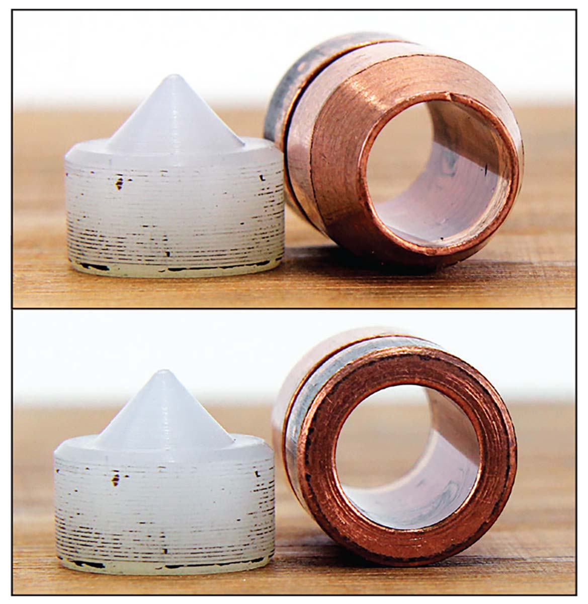 Inside diameter of the ring airfoil tubular bullet measures the same at front and rear of the bullet – though the wall of the tubular bullet is much thicker at the rear.